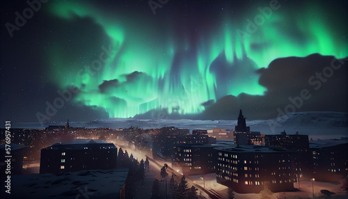 Multicolored northern lights  Aurora borealis  in the sky over a city  generative ai illustration