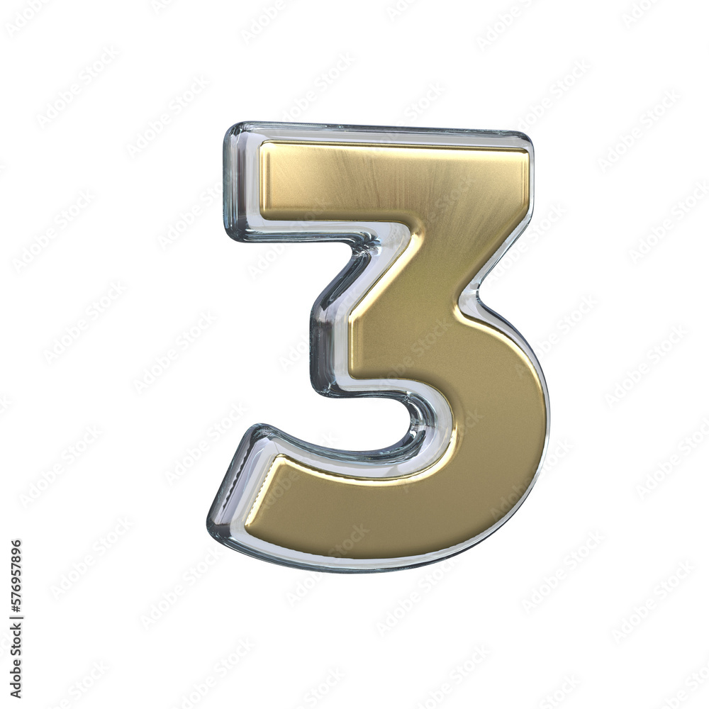 Number 3 3D rendering with Gold and Glass materials