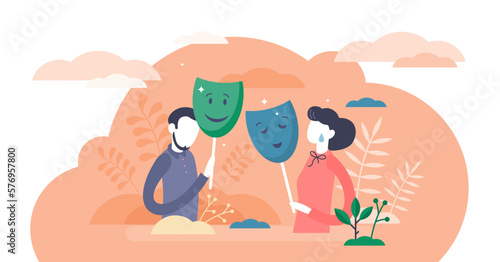Masking true feelings concept, flat tiny persons couple illustration, transparent background. Face expressions in relationship communication. Fake social identity and hiding inner personality traits.