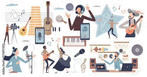 Music or sound volume elements with artist and performers tiny person collection set, transparent background. Isolated items with notes, musical instruments.