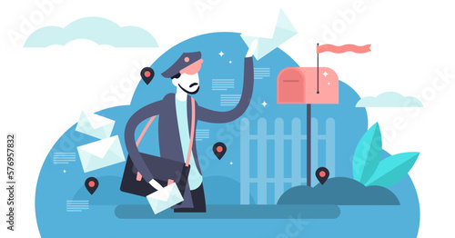 Postman illustration, transparent background. Flat tiny letters delivery job persons concept. Envelope with postmark shipping courier with classical uniform and address postboxes.