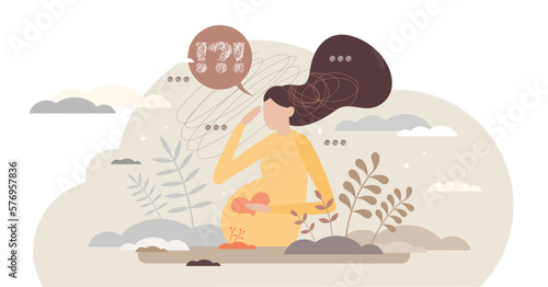 Pregnant woman anxiety and concern about newborn baby tiny person concept, transparent background. Frustration doubt as psychological pregnancy stress to female illustration.