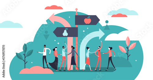 Segregation illustration, transparent background. Flat tiny equal diversity sorting persons concept. Stereotype separation by ethnic race, gender, religion or age.