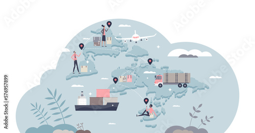 Supply chain management with cargo logistics and sourcing process tiny person concept, transparent background. Worldwide transportation and shipping scheme.