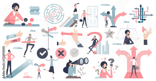 Decisions, doubt, dilemma or question elements in tiny persons collection set, transparent background. Various mini scenes items with business path or career route choice illustration.