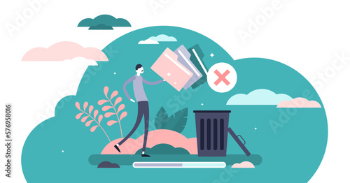 Delete concept, flat tiny person illustration, transparent background.Move unnecessary files to the trash bin.Eliminating waste and cleaning storage app.