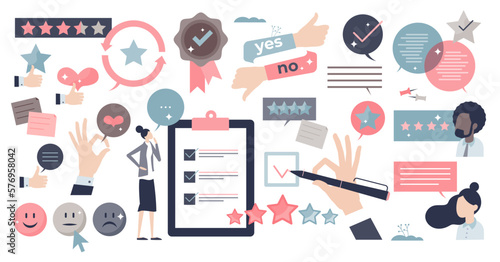 Feedback elements and customer satisfaction rating tiny person collection set, transparent background. Client opinion and comment about product or service quality illustration.