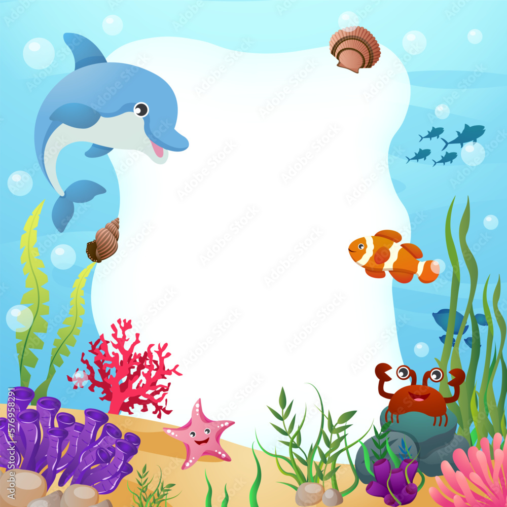 Sea life animals with ocean scene and rectangular copy space . Cartoon style . Vector .