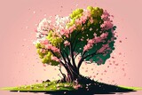Flowers of the Sakura tree, with falling blossoms, over a springtime background. Generative AI
