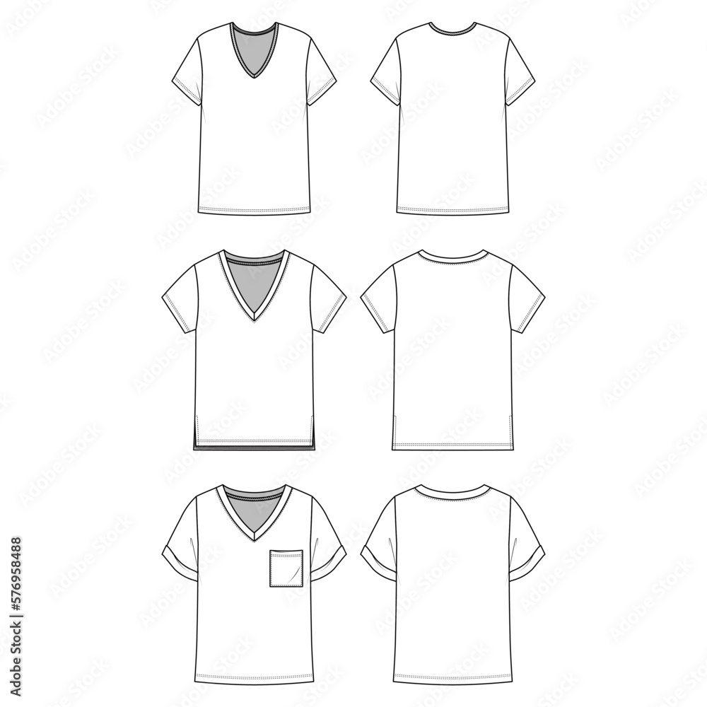 Technical sketch unisex white basic t-shirt design template. Front and ...
