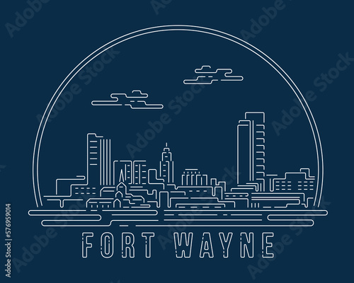 Fort Wayne - Cityscape with white abstract line corner curve modern style on dark blue background, building skyline city vector illustration design