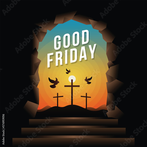 Good friday - Silhouette Black three cross crucifix birds flying and sunlight looking out from sepulchre or tomb vector design