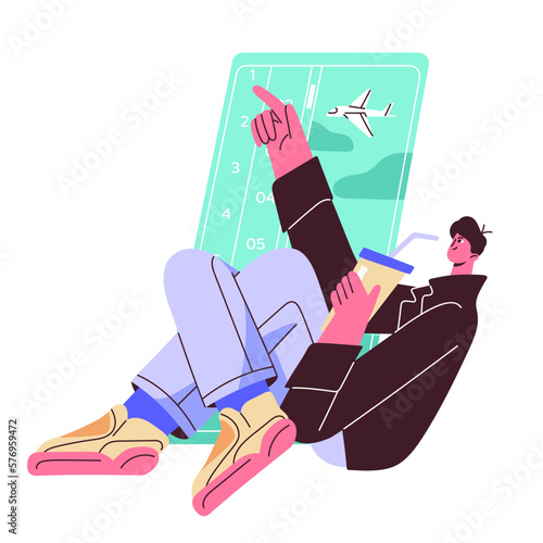 Buying, booking air ticket online via mobile phone app. Tourist with smartphone during internet registration for plane flight in application. Flat vector illustration isolated on white background