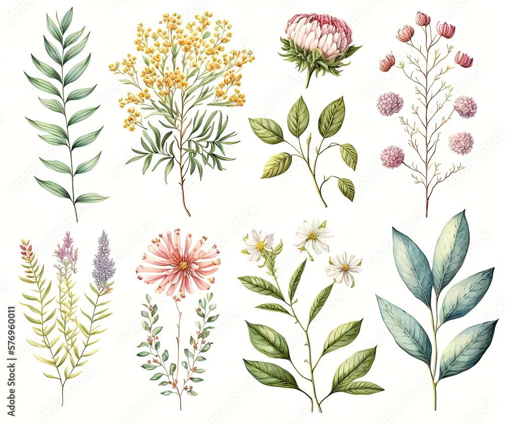stunning set of watercolor botanical flowers for your nature design generative ai