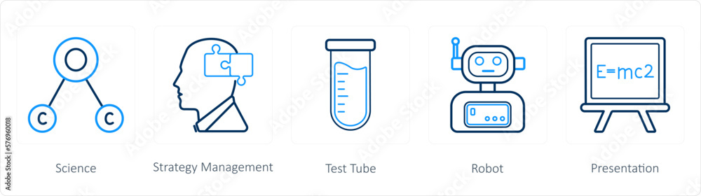 A set of 5 science icons as science, strategy management, test tube A set of 5 science icons as science, strategy management, test tube