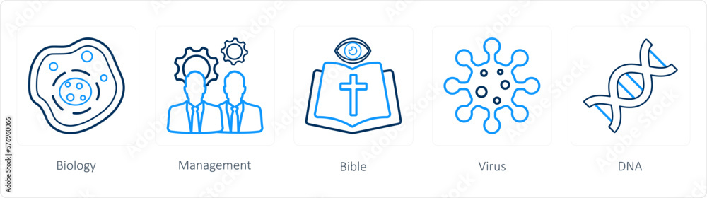 A set of 5 science icons as biology, management, bible A set of 5 science icons as biology, management, bible