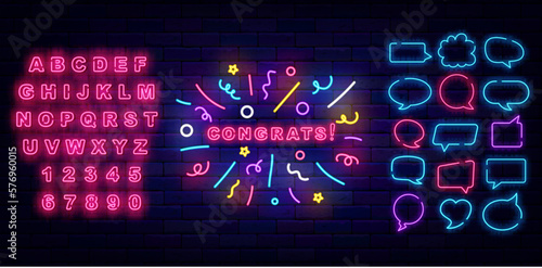 Congrats neon sign with confetti firework. Winnig and casino concept. Speech bubble frames set. Vector illustration photo
