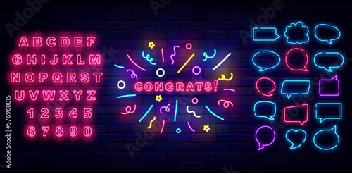 Congrats neon sign with confetti firework. Winnig and casino concept. Speech bubble frames set. Vector illustration