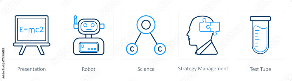 A set of 5 science icons as presentation, robot, science A set of 5 science icons as presentation, robot, science