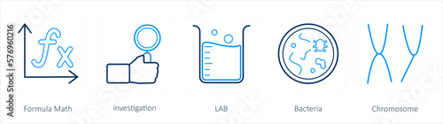 A set of 5 science icons as formula math, investigation, lab