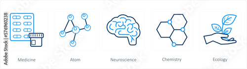 A set of 5 science icons as medicine, atom, neuroscience photo