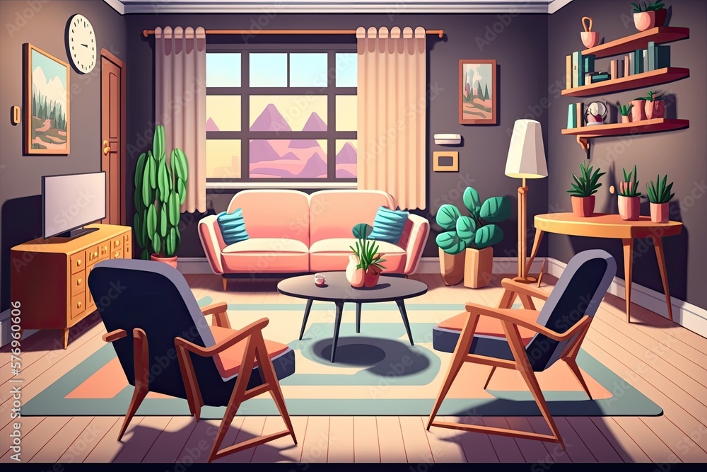 Interior view of a large living room with a corner sofa, armchair, dining table, and chairs arranged by the window. Generative AI