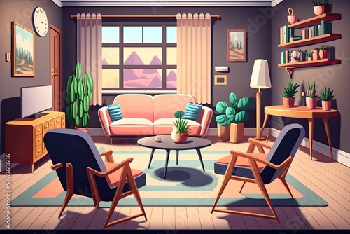 Interior view of a large living room with a corner sofa  armchair  dining table  and chairs arranged by the window. Generative AI