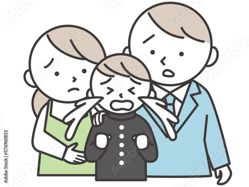 学ランを着て泣いている男子学生と彼を心配する両親