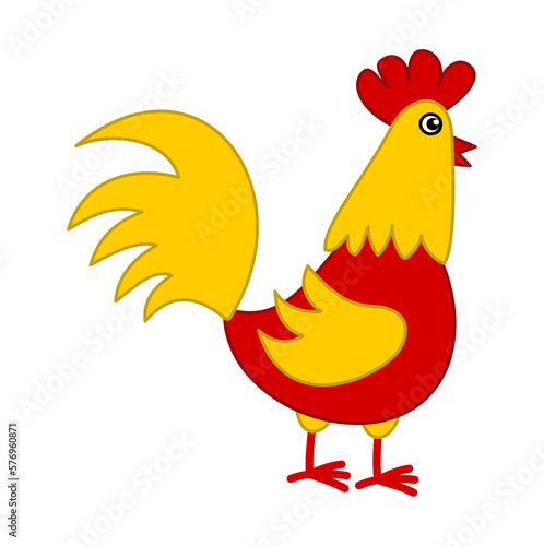 Cute red and yellow hen in profile on white background