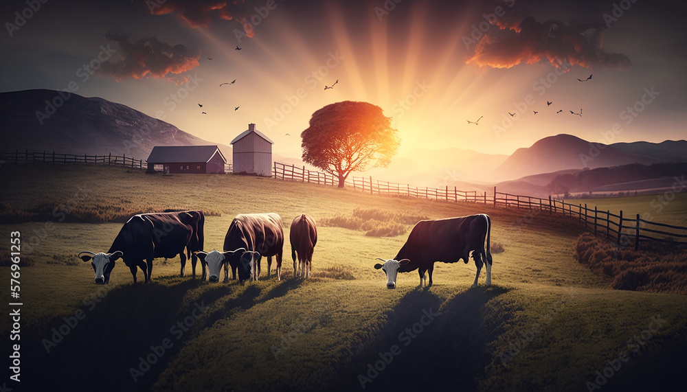 custom made wallpaper toronto digitalFarm landscape with cows grazing in a vast field, capturing the sun setting behind the hills, with a gentle breeze blowing and a few birds flying in the sky,  Generative AI