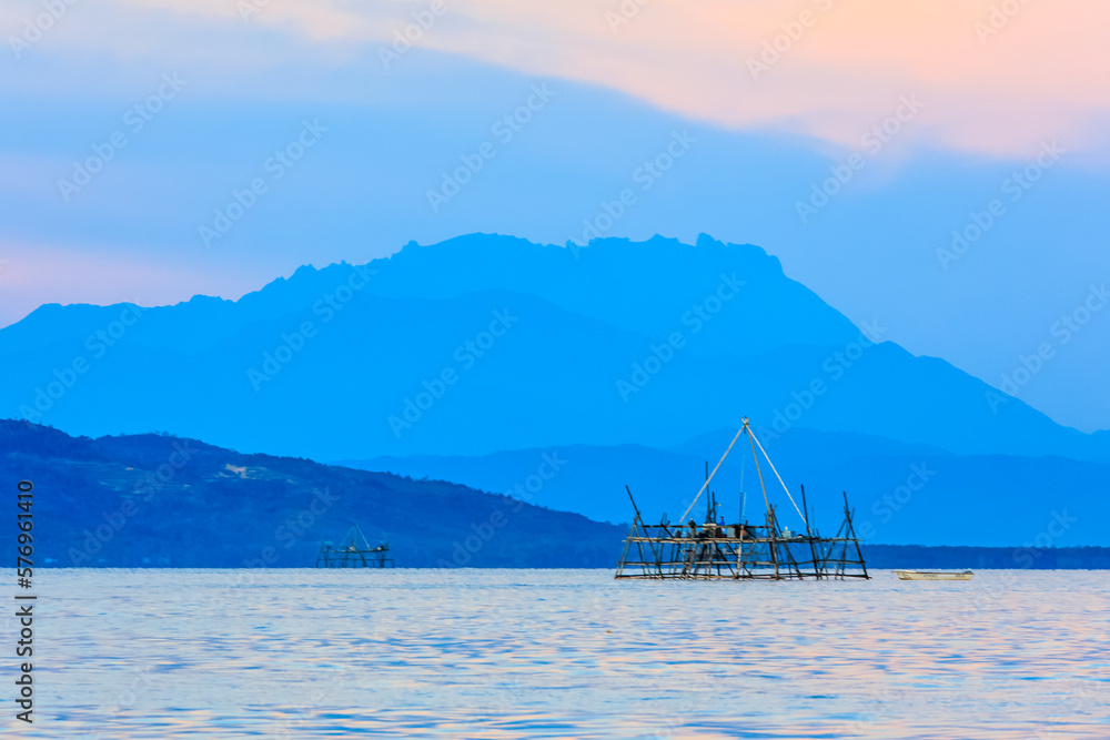 the traditional fishing structure built with bamboo called Bagang, typical of Sabah, Borneo.