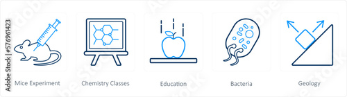 A set of 5 science icons as mice experiment, chemistry classes, education