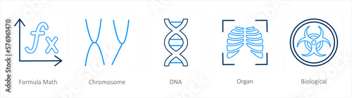 A set of 5 science icons as formula math, chromosome, dna