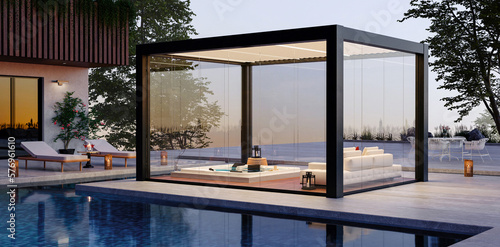 3D illustration of glass pergola on private terrace at dusk
