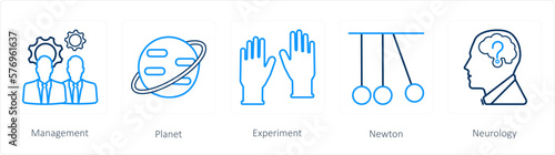 A set of 5 science icons as management, planet, experiment