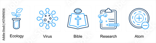 A set of 5 science icons as ecology, virus, bible