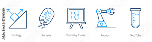 A set of 5 science icons as geology, bacteria, chemistry classes