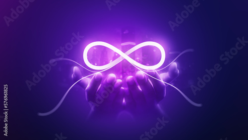 Unlimited network connection hologram technology on infinite loop symbol communication background of digital motion eternity futuristic metaverse online community or infinity cyber innovation system. photo
