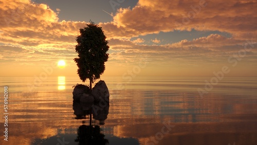 tree on an island in the middle of a lake. beautiful landscape, 3D illustration, cg render