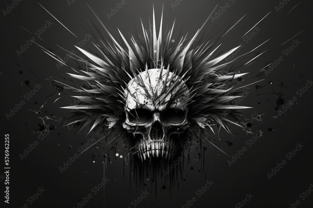 In black and white monochromatic tones, this abstract illustration of a metallic skull screams with exploding spikes. Generative AI