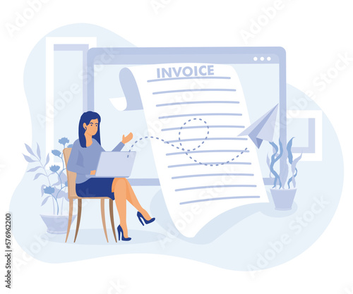 Remote payroll, Freelancer filling invoice, distance job payroll, money transfer online, get salary on bank account, flat vector modern illustration