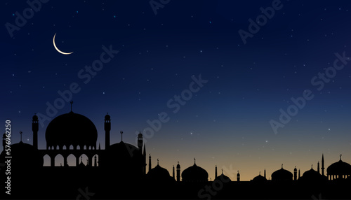 Ramadan card with Mosques dome,Crescent moon on blue sky background,Vertical banner Ramadan Night with twilight dusk sky for Islamic religion,Eid al Adha,Eid Mubarak,Eid al fitr,Ramadan Kareem