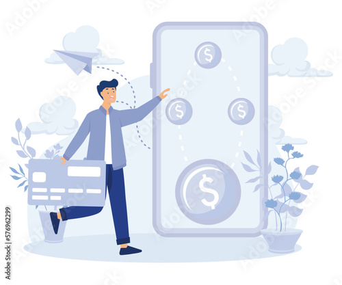 Remote payroll, Freelancer filling invoice, distance job payroll, money transfer online, get salary on bank account, flat vector modern illustration
