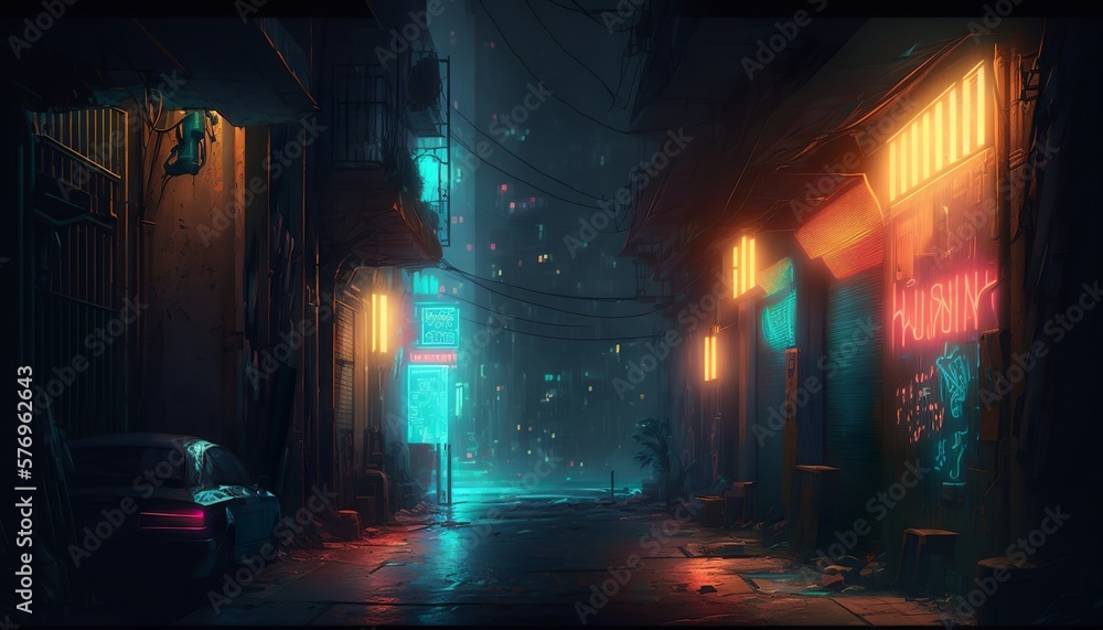 Dark and dirty cíberpunk alley with colorful neon lights and buildings. Generative AI