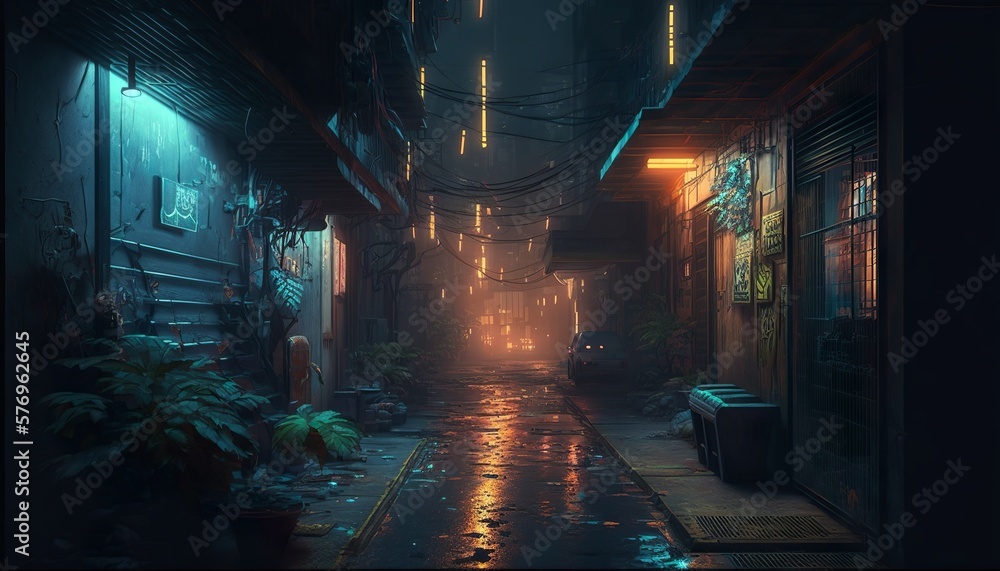 Dark and dirty cíberpunk alley with colorful neon lights and buildings. Generative AI