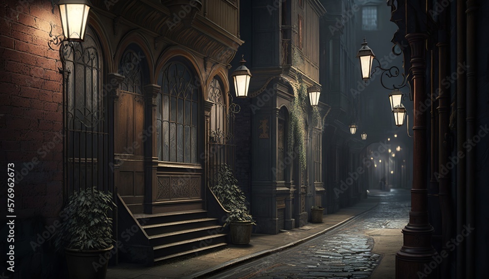 Dark victorian style alley with cobble road, buildings and lamps. Generative AI Dark victorian style alley with cobble road, buildings and lamps. Generative AI