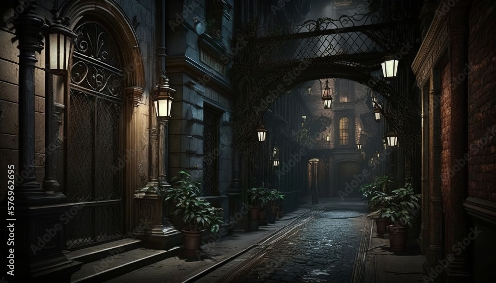 Dark victorian style alley with cobble road, buildings and lamps. Generative AI - obrazy, fototapety, plakaty 