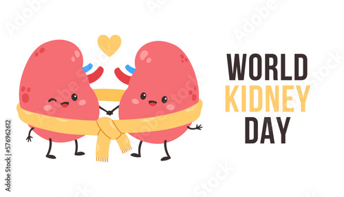 World kidney day card, vector illustration with cute cartoon couple of kidney in yellow scarf.