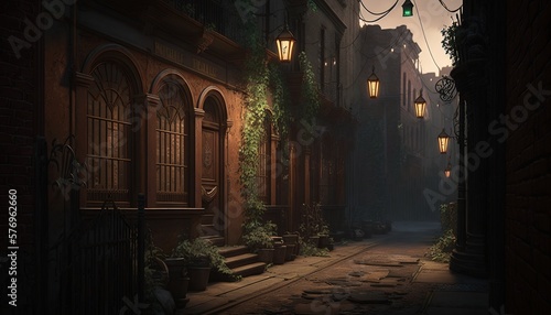 Dark victorian style alley with cobble road  buildings and lamps. Generative AI