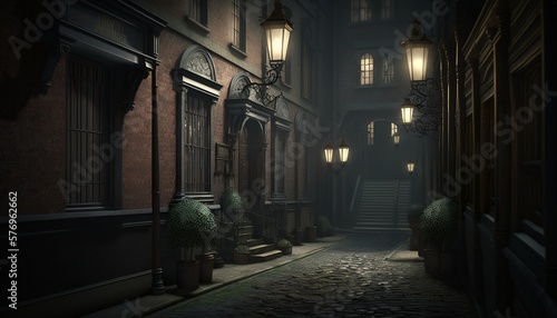 Dark victorian style alley with cobble road, buildings and lamps. Generative AI